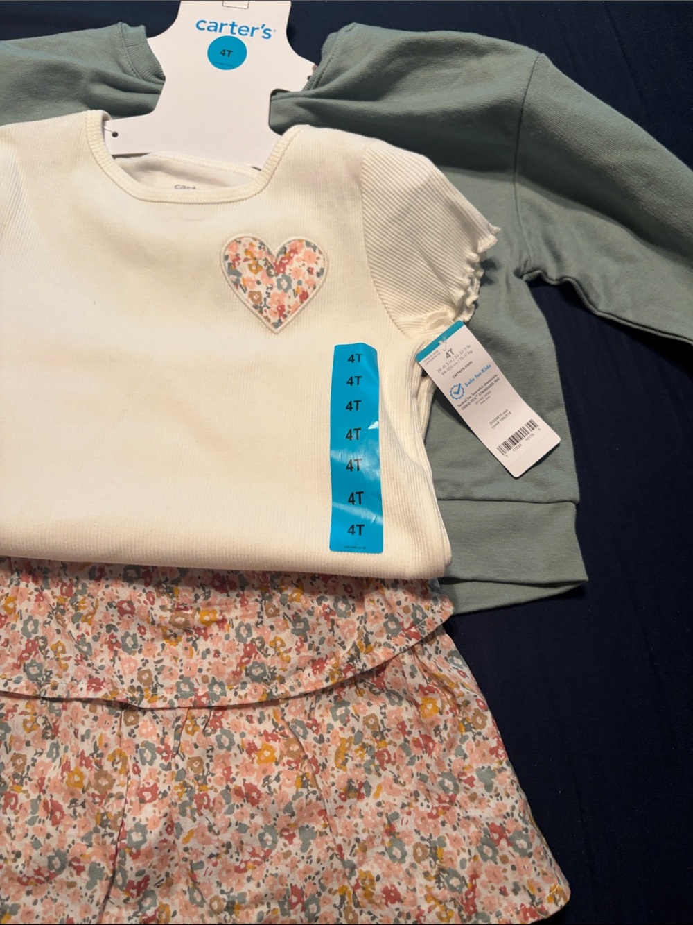Carter's Cream Ribbed Tee with Floral Heart, Sage Layering Top & Floral Skirt